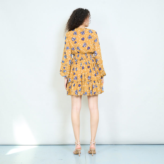 Mustard floral twist front mini dress with ruffle hem wholesale