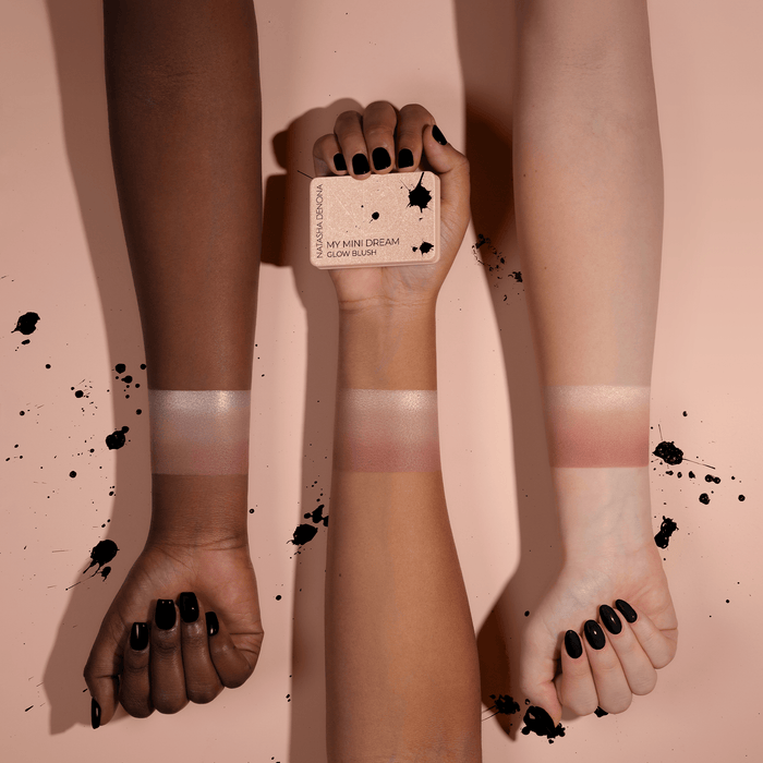 My Mini Dream Glow Blush Ornament arm swatches on different skin tones.