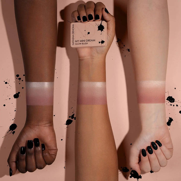My Mini Dream Glow Blush arm swatches on different skin tones.