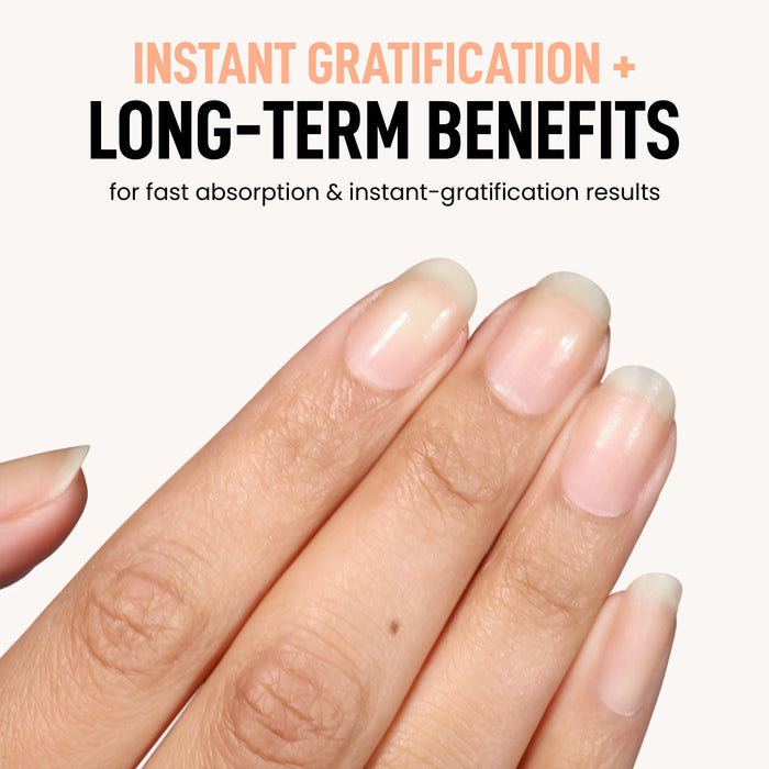 A close-up of a hand with natural nails highlights LONDONTOWN’s Nail Probiotic Instant Boost—an ultra-nourishing nail mask for fast absorption, instant results, and stronger support for weak nails.