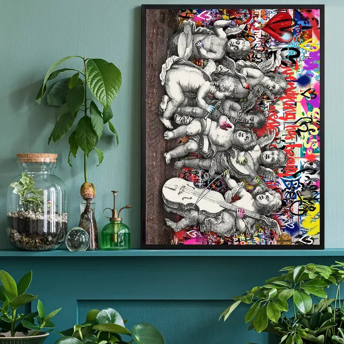 Naughty Cherubs Graffit Art Print framed above a living room sofa