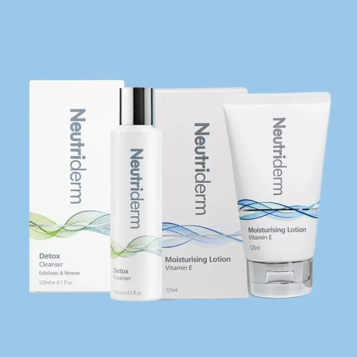 Neutriderm Pre-Makeup Skincare Combo, Vitamin E Moisturiser Lotion 125ml And Detox Cleanser - 120ml