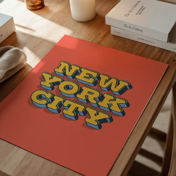 New York City Typography Print, quote print unframed on a home office desk