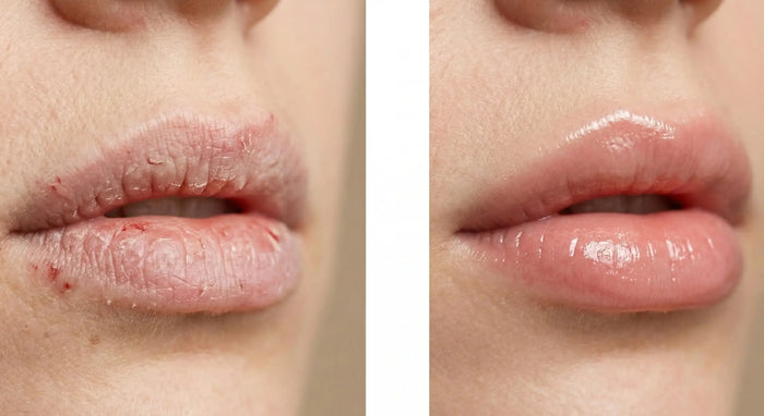 Before and after comparison of lips with a glossy finish
