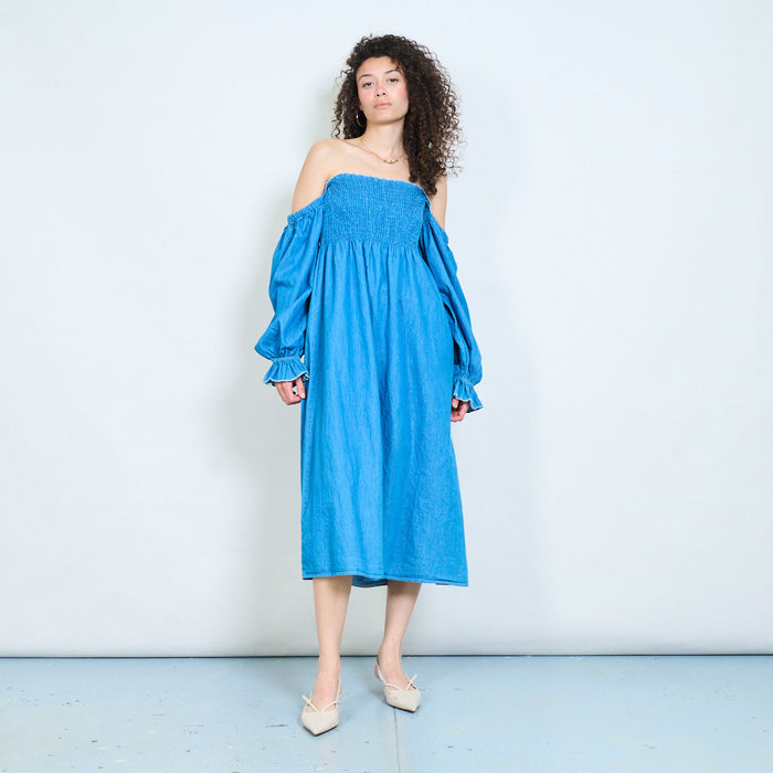Off-shoulder smocked midi dress with flow long sleeves detail wholesale