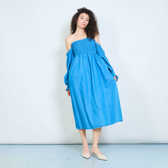 Off-shoulder smocked midi dress with flow long sleeves detail wholesale
