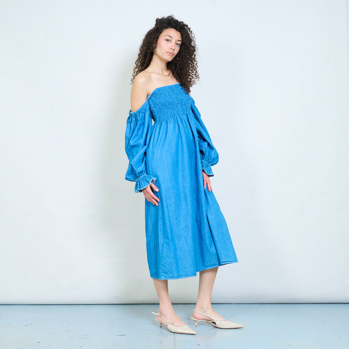 Off-shoulder smocked midi dress with flow long sleeves detail wholesale