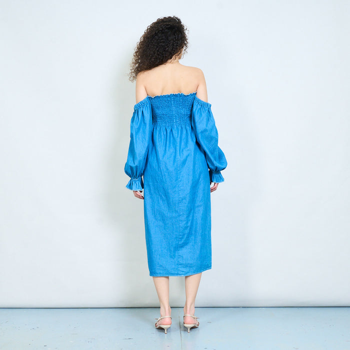 Off-shoulder smocked midi dress with flow long sleeves detail wholesale