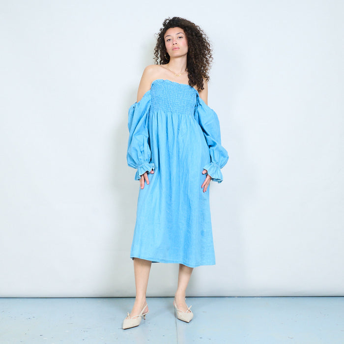 Off-shoulder smocked midi dress with flow long sleeves detail wholesale