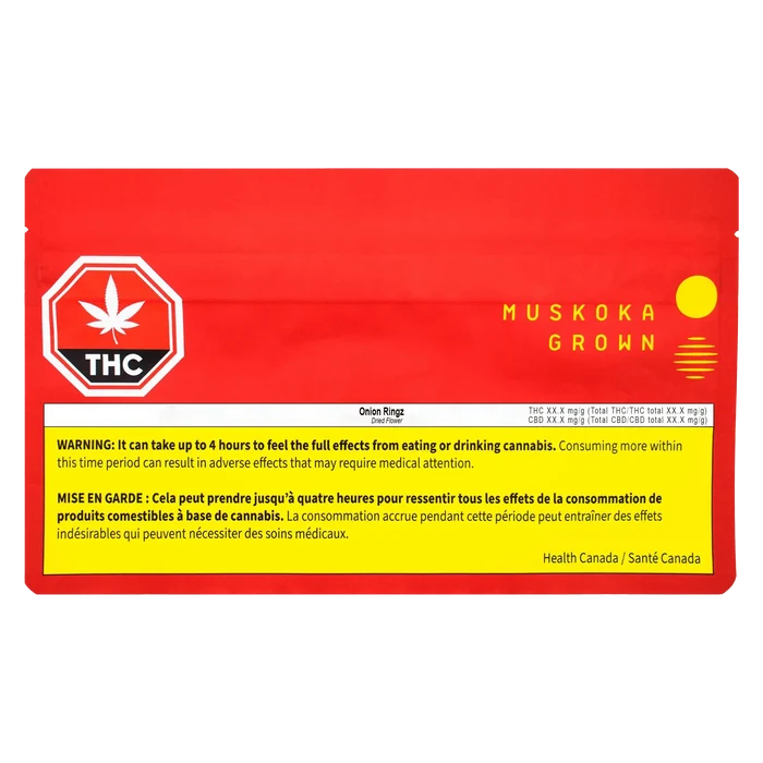 Close-up of the Muskoka Grown Onion Ringz packaging with a warning label, featuring a red and white design.