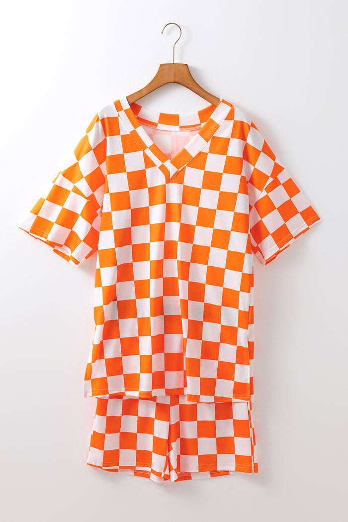 Orange Checkerboard Print V Neck Loose Tee and Shorts Lounge Set 🇨🇳