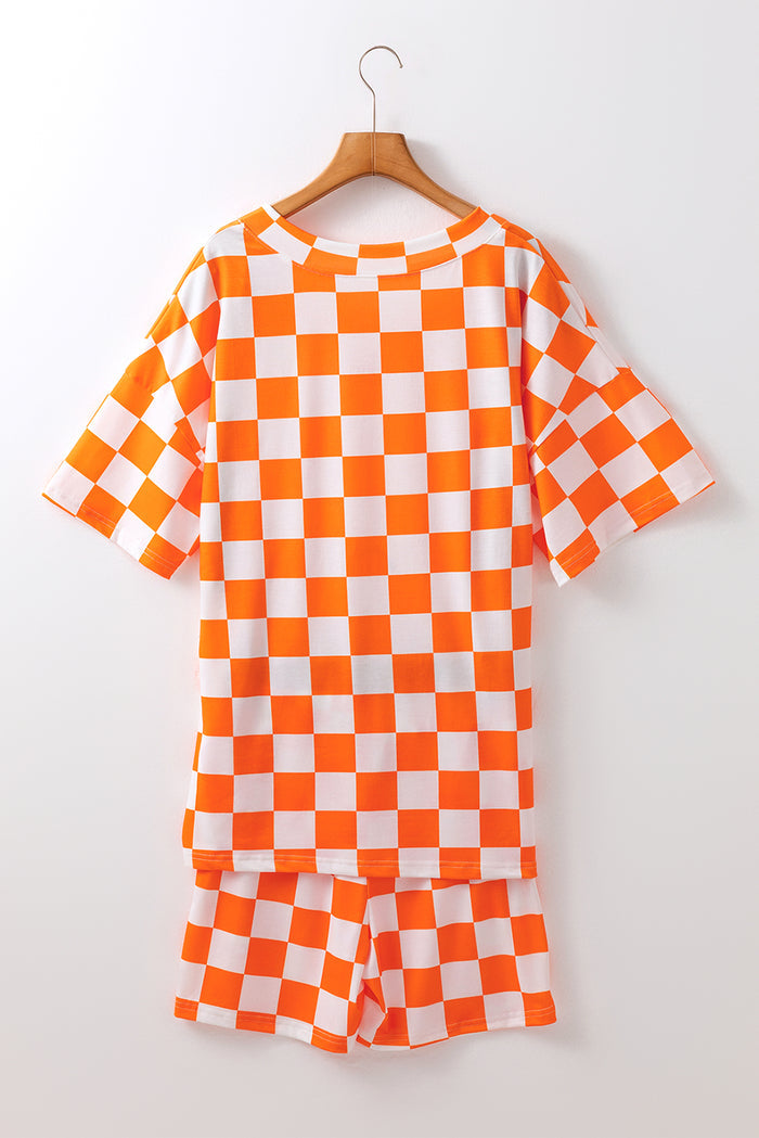 Orange Checkerboard Print V Neck Loose Tee and Shorts Lounge Set 🇨🇳