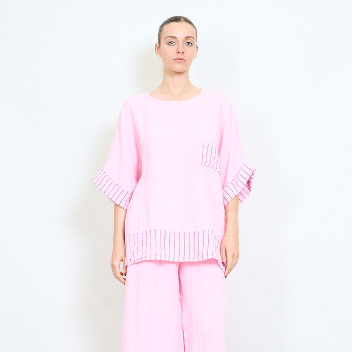 Oversized contrast trim pocket loose top wholesale