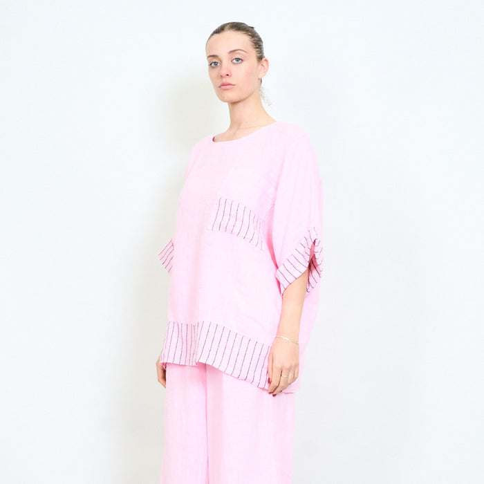 Oversized contrast trim pocket loose top wholesale