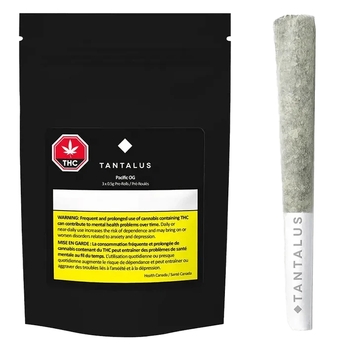 Front view of the Tantalus Pacific OG Pre Rolled 3 x 0.5 g packaging with a simple, clean design and bold branding.