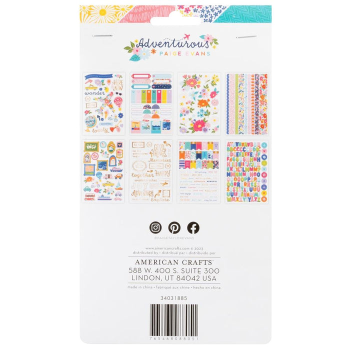 Paige Evans - Sticker Book - Adventurous - 8 Sheets. Finish off your projects with bright and beautiful stickers! This special sticker book includes 340 embellishments in a wide variety of colors, finishes, and styles, some with gold foil accents. Available at Embellish Away located in Bowmanville Ontario Canada.