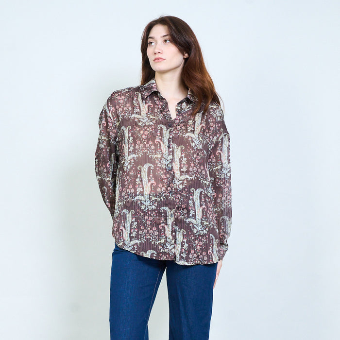 Paisley floral printed tie neck long sleeve blouse wholesale