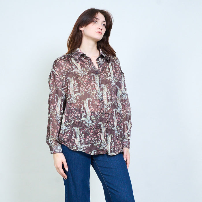 Paisley floral printed tie neck long sleeve blouse wholesale