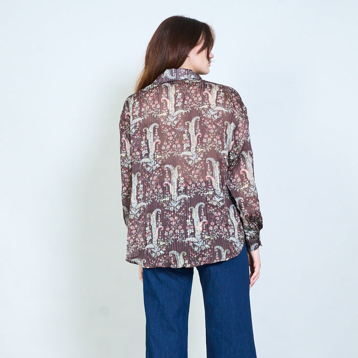 Paisley floral printed tie neck long sleeve blouse wholesale