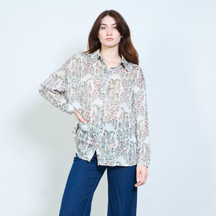 Paisley floral printed tie neck long sleeve blouse wholesale