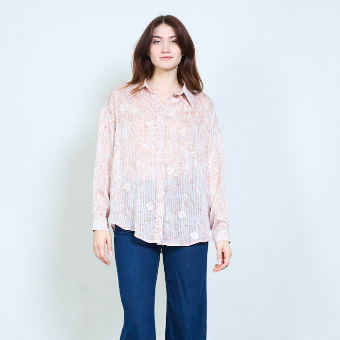 Paisley floral printed tie neck long sleeve blouse wholesale