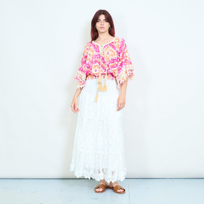 Paisley printed sheer tassel tie front cropped blouse wholesale