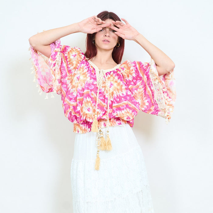 Paisley printed sheer tassel tie front cropped blouse wholesale