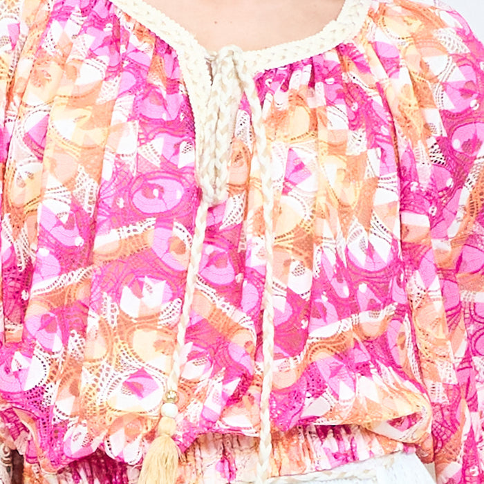 Paisley printed sheer tassel tie front cropped blouse wholesale