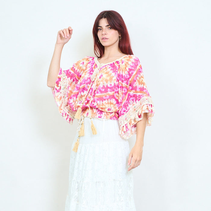 Paisley printed sheer tassel tie front cropped blouse wholesale