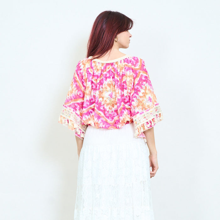 Paisley printed sheer tassel tie front cropped blouse wholesale
