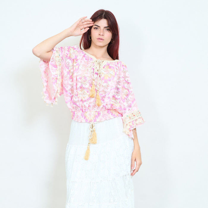 Paisley printed sheer tassel tie front cropped blouse wholesale