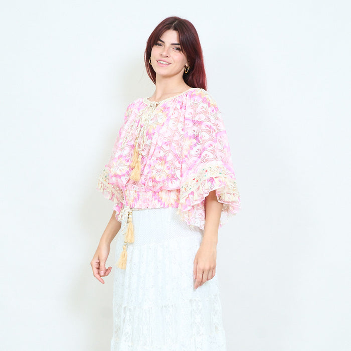 Paisley printed sheer tassel tie front cropped blouse wholesale