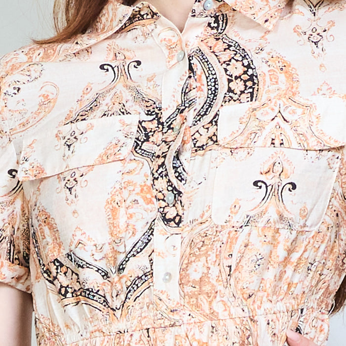 Paisley printed utility pocket short sleeve mini dress wholesale