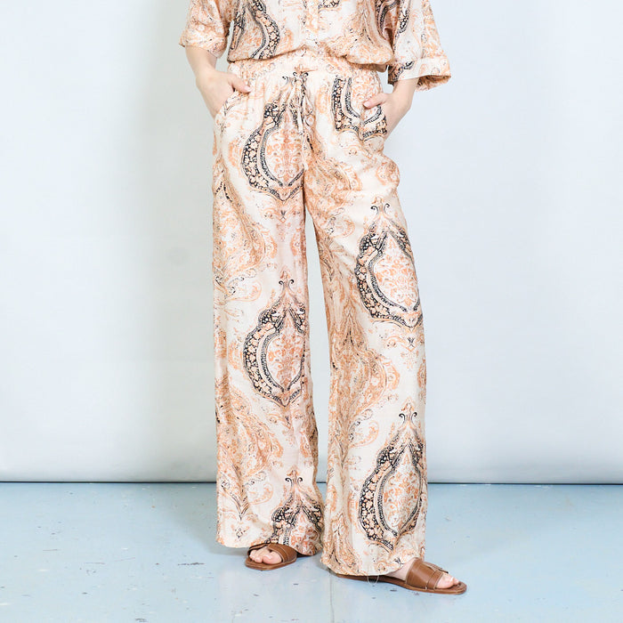 Paisley printed wide leg flowy trouser with elastic waistband wholesale