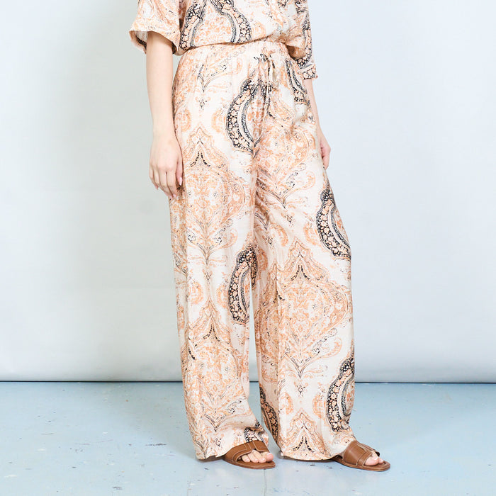 Paisley printed wide leg flowy trouser with elastic waistband wholesale