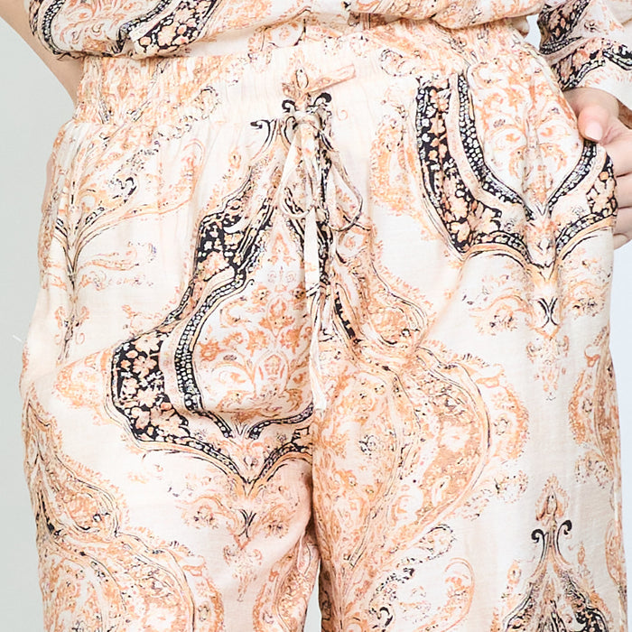 Paisley printed wide leg flowy trouser with elastic waistband wholesale