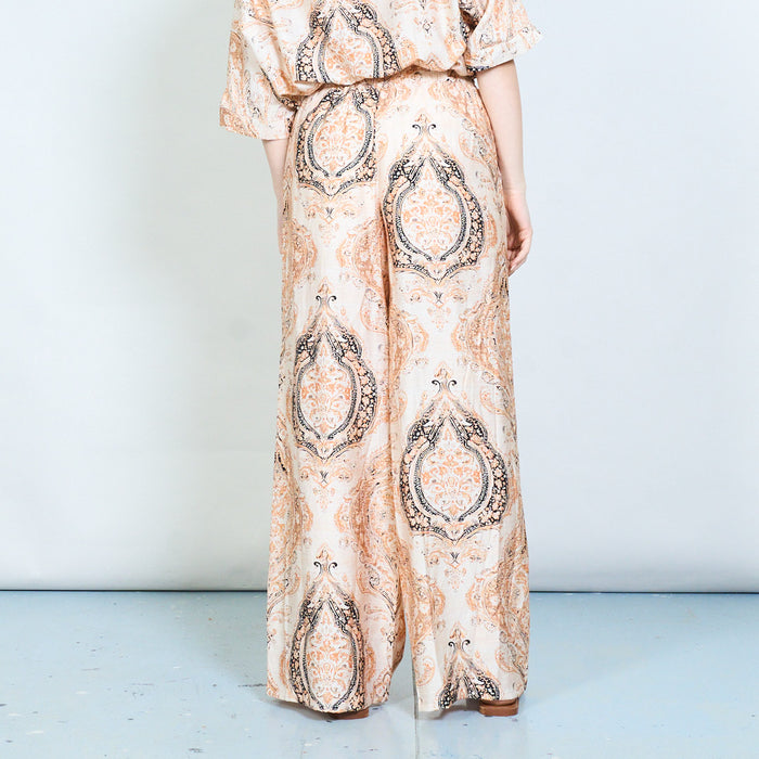Paisley printed wide leg flowy trouser with elastic waistband wholesale
