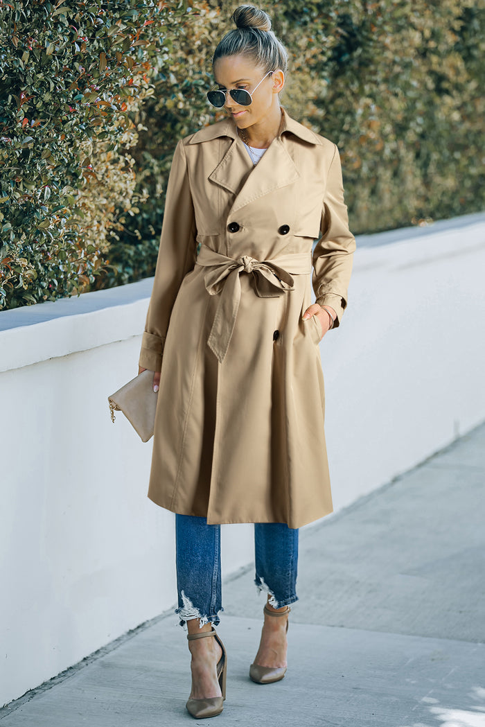 Pale Khaki Solid Color Lapel Collar Waist Tie Wind Coat 🇺🇸