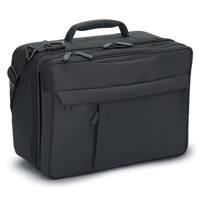 Black travel bag with multiple compartments on a white background
