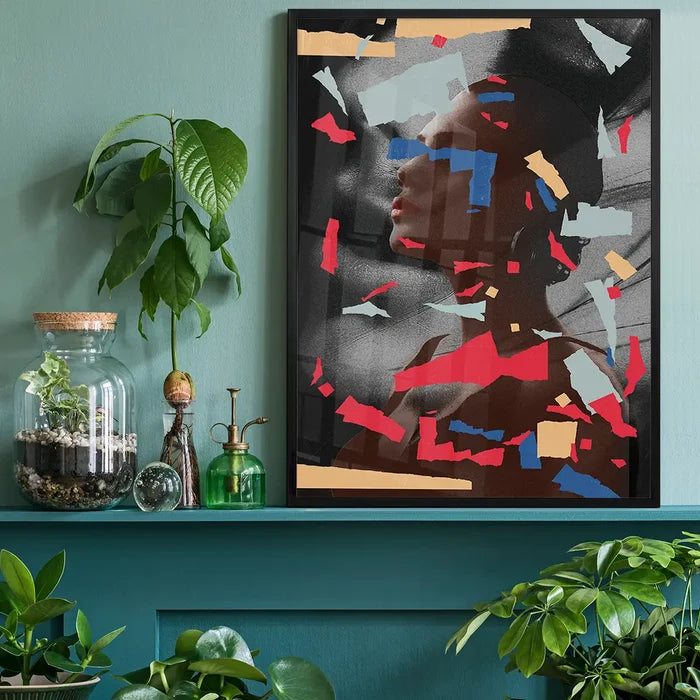 Paper Portrait 2 Print black framed on a living room shelf