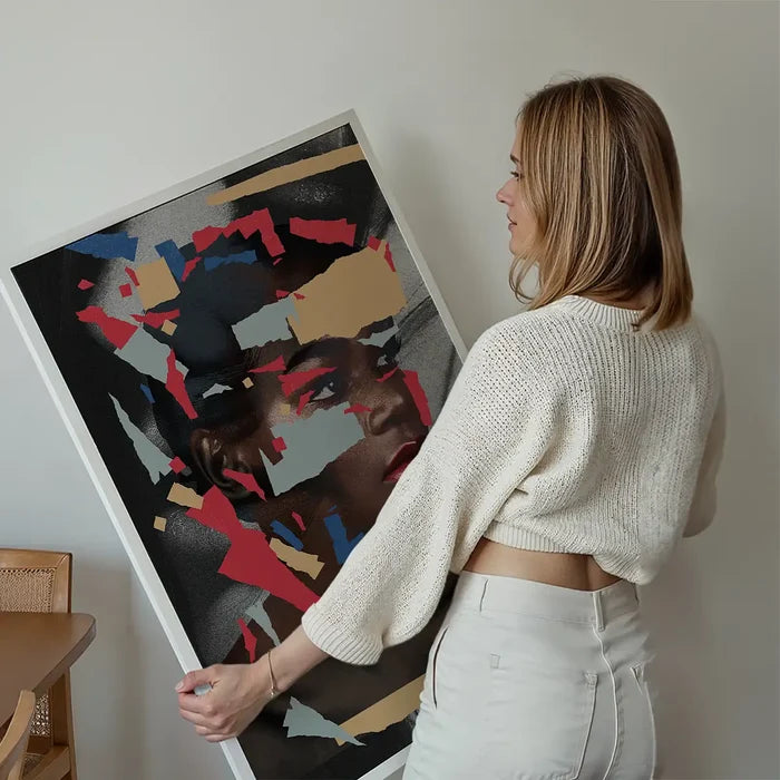 Paper Portrait Print held up against a living room wall