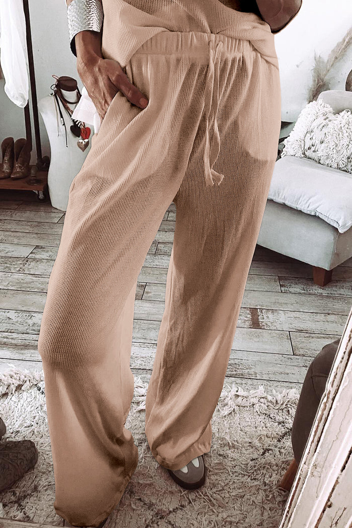 Parchment Textured Long Sleeve T Shirt and Pants Lounge Set 🇨🇳