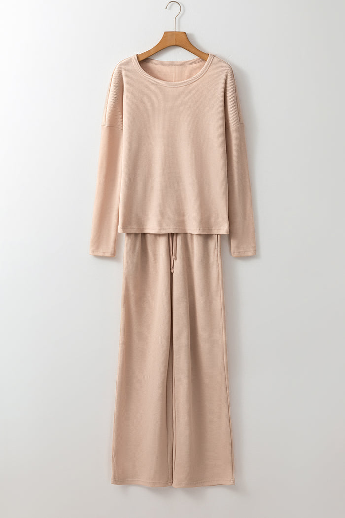 Parchment Textured Long Sleeve T Shirt and Pants Lounge Set 🇨🇳