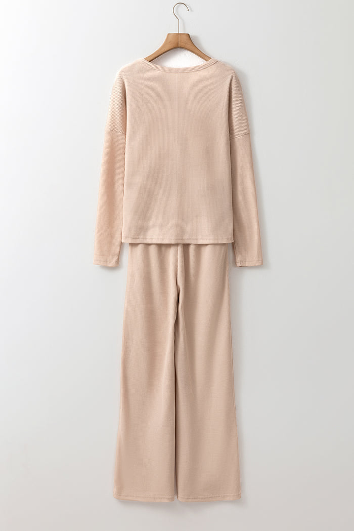 Parchment Textured Long Sleeve T Shirt and Pants Lounge Set 🇨🇳