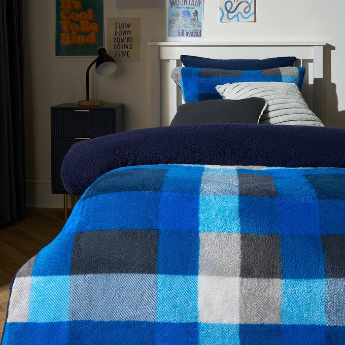 Patchwork Check Teddy Duvet Cover Set - Navy/Grey 🇬🇧
