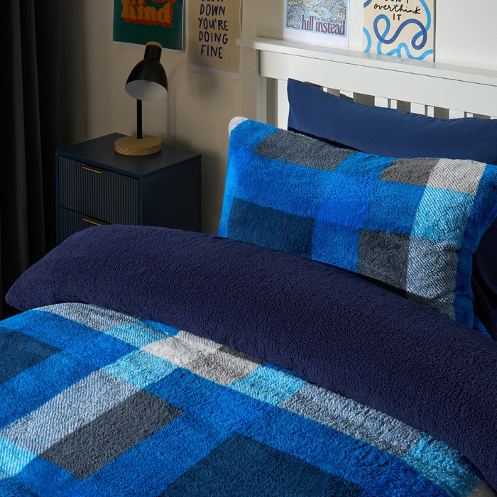 Patchwork Check Teddy Duvet Cover Set - Navy/Grey 🇬🇧