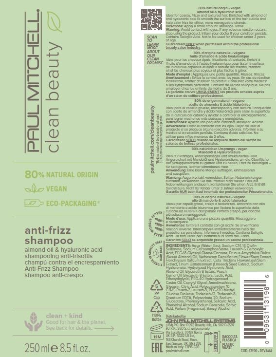 Paul Mitchell Clean Beauty Anti-Frizz Shampoo, Smoothes Hair, Calms Frizz, For Textured, Frizz-Prone Hair