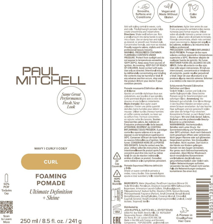 Paul Mitchell Foaming Pomade, Defines Texture + Boosts Shine, For Curly Hair, Wavy + Coily Hair, 8.5 fl oz