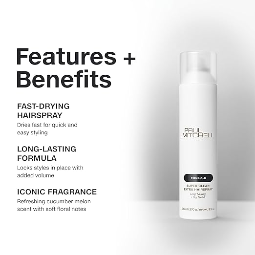 Paul Mitchell Super Clean Extra Hairspray, Long-Lasting, Firm Hold + Dry Finish, For All Hair Types, 9.5 oz