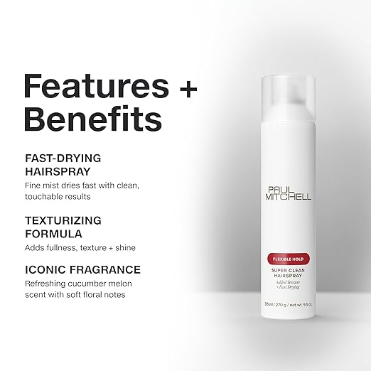 Paul Mitchell Super Clean Hairspray, Fast Drying, Adds Texture + Flexible Hold, For All Hair Types, 9.5 oz